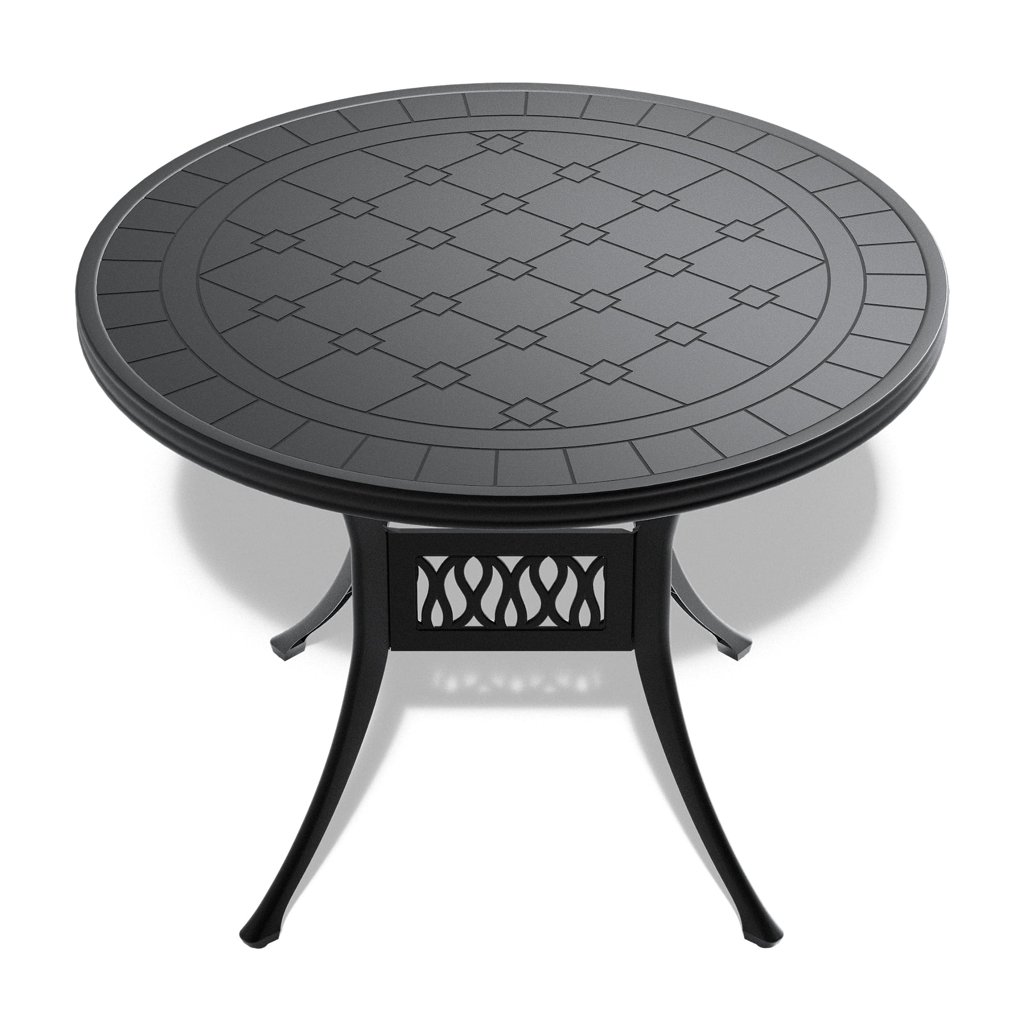 Round Cast Aluminum Patio Dining Table with Black Frame and Carved Texture for Garden Deck, Black