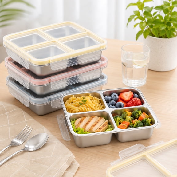 4 Pack Stainless Steel Bento Lunch Box Containers, 4 Compartment Meal Prep Containers with Leakproof Lid, Microwave Safe, Refrigerator Fast Cooling, Dishwasher Safe, Blue Orange Red Yellow