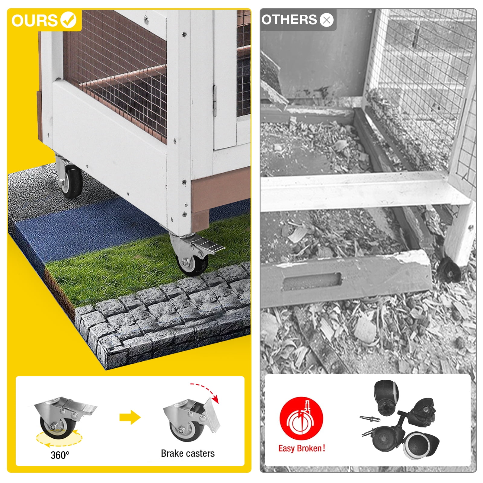 Aivituvin Rabbit Hutch Indoor Bunny House Guinea Pig Cage with Sliding Plastic Trays, Wheels & Ramp, 47.2" Multi-Door Wooden Small Animal Cage for Rabbits Bunnies, and Guinea Pigs, Brown