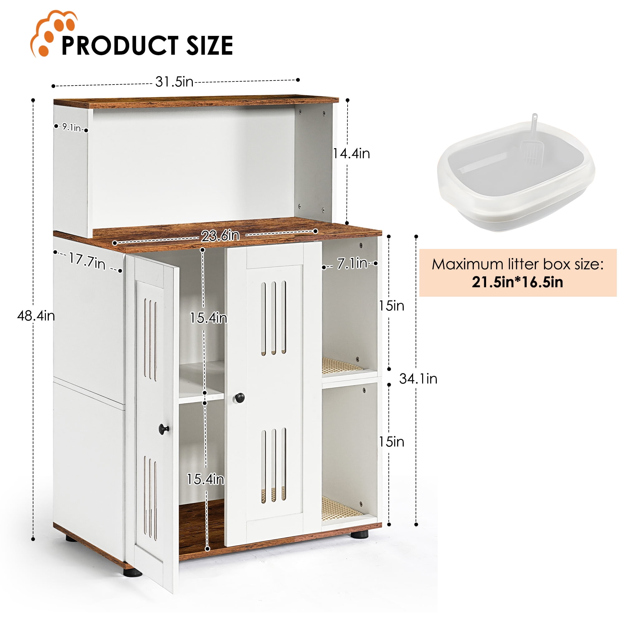 2-Tier Double Cat Litter Box Enclosure Cabinet, Hidden Enclosed Cat Washroom Furniture with Side Openings and Storage Shelf, End Table Cover for 2 Cats, White Walnut
