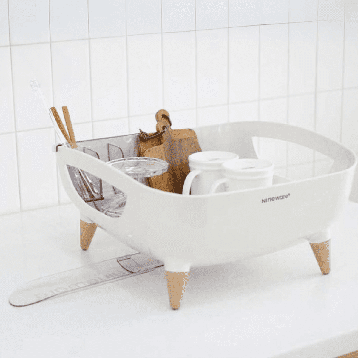 Nineware Wide Volume Dish Drying Rack | 17.3 x 15 x 7.1" (44x38x18cm), 360° Rotatable water drain | Large utensil holder included | Made in Korea