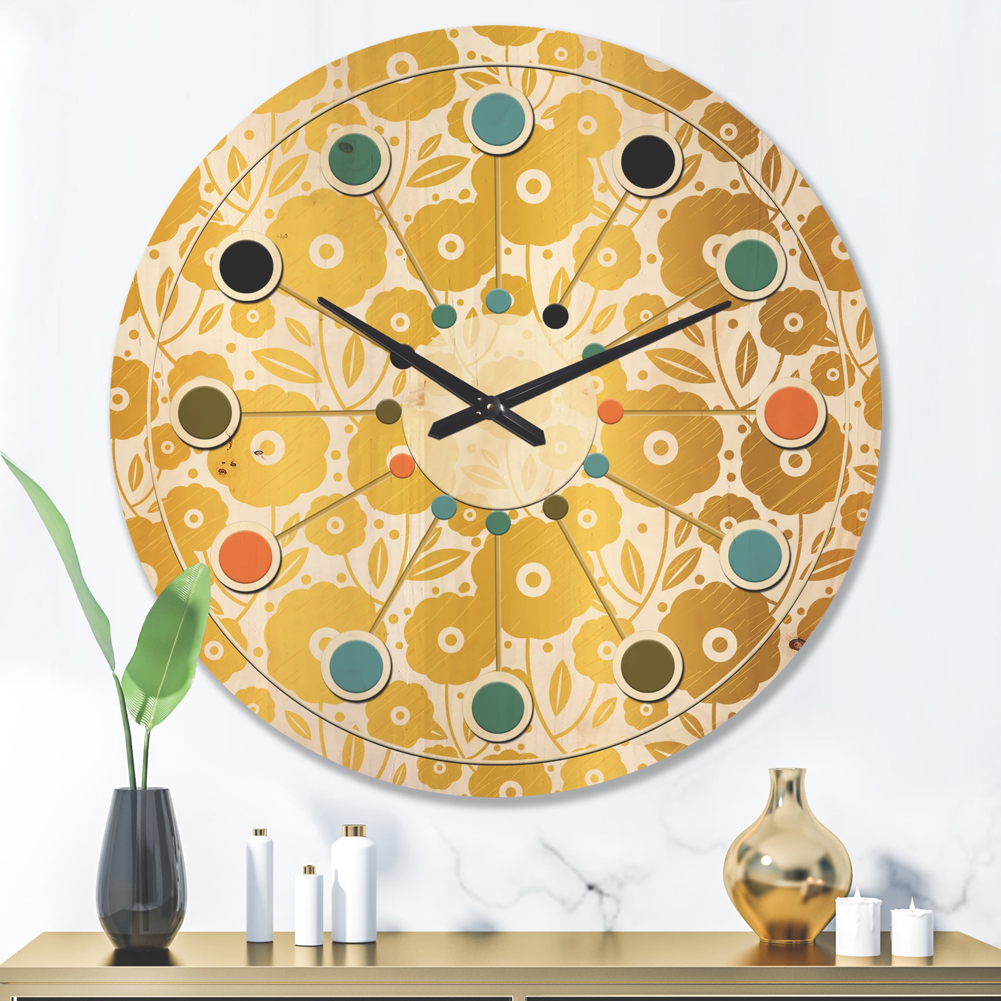 Designart 'Golden Floral Retro I ' Mid-Century Modern Wood Wall Clock