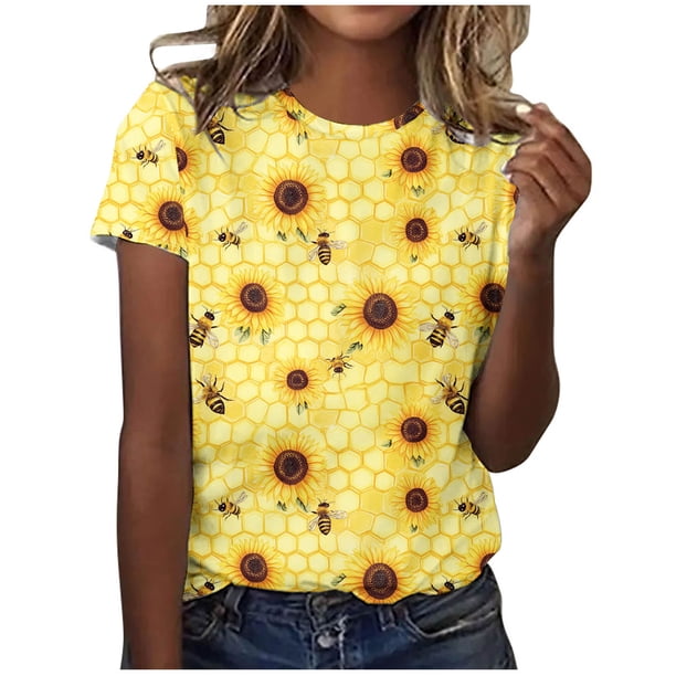 Blusas de Manga Corta para las Mujeres Cuello Redondo de Impresión de Verano, Top de Poliéster de Moda Casual para Toda la Temporada