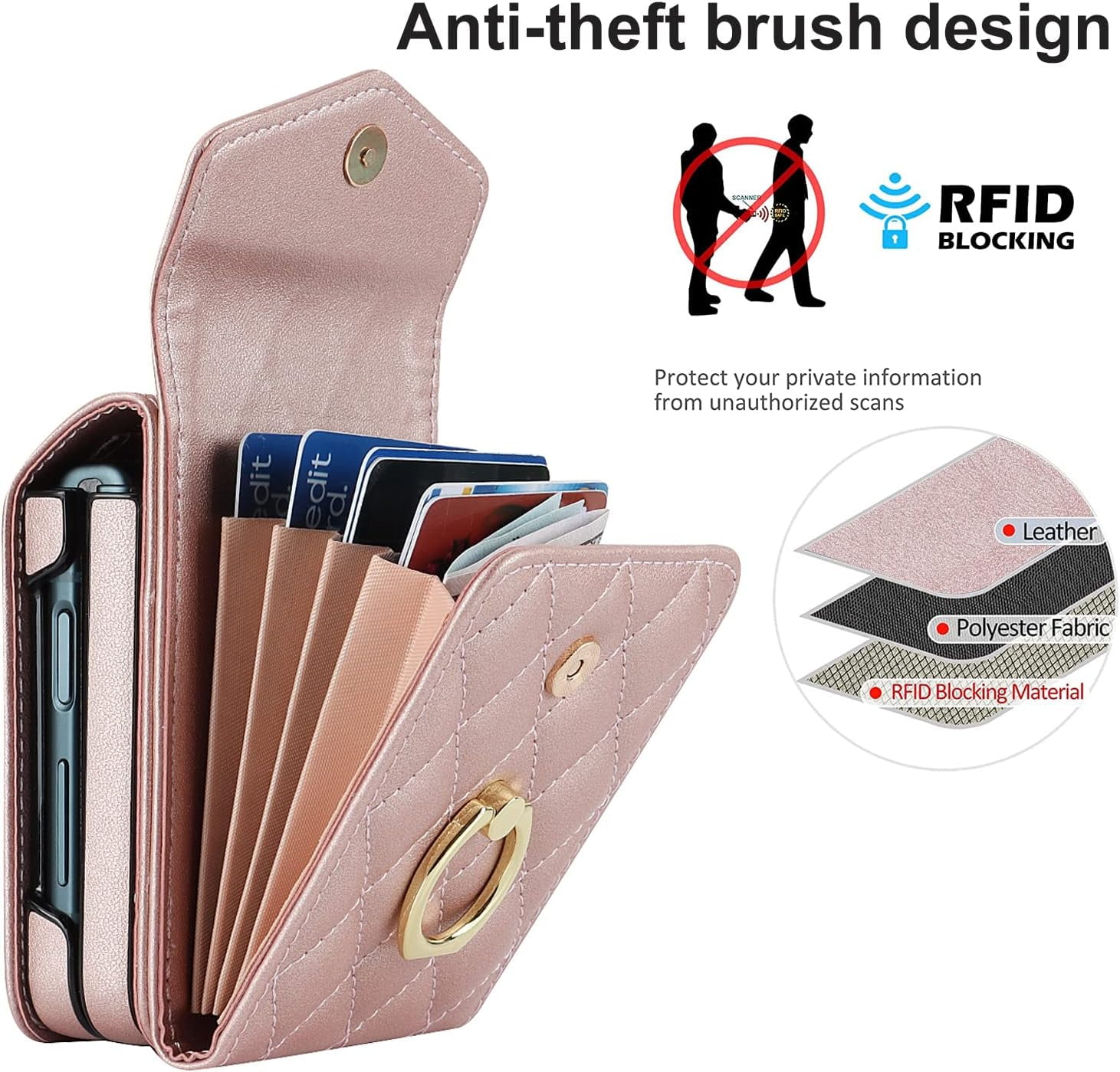 Phone Case for Samsung Galaxy Z Flip 5 5G 2023 Wallet Cover with RFID Blocking Ring Crossbody Wrist Strap Stand Credit Card Holder Leather Cell ZFlip5 Z5 G Flip5 5Z Women Men Girls Rose Gold