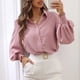 thumbnail image 3 of Camisa de manga abullonada, cuello vuelto, holgada, cómoda, manga larga, camisa de color puro para oficina, trabajo, hogar, ocio, gris rosado pálido M, 3 of 9
