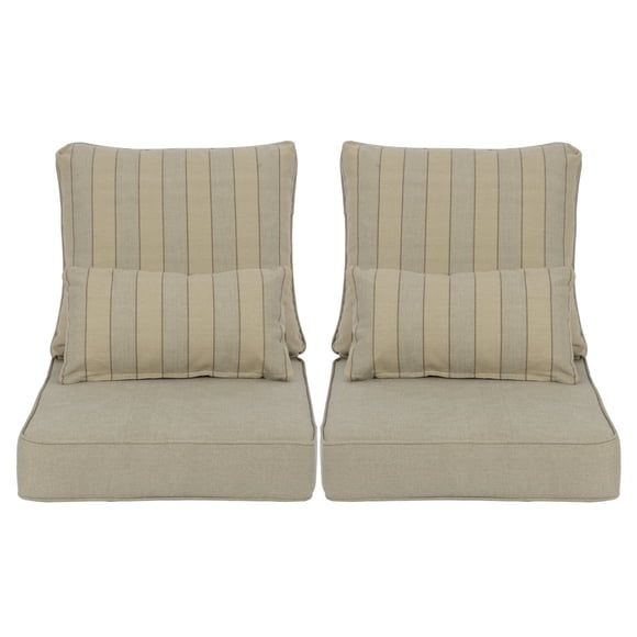 Aoodor 24"x24" Khaki Stripe Outdoor Deep Seat Chair Cushion Set, Patio Chair Cushions Set, Olefin Fabric and Memory Foam (Set of 2 Seats, 2 Backs, 2 Lumbar Pillows)