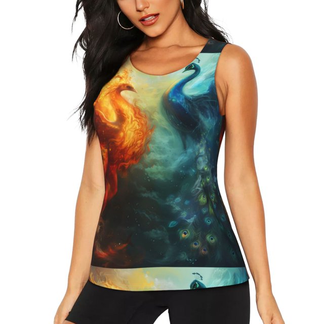 Balery Red And Blue Fire Peacock Camiseta sin mangas estampada ligera para mujer, tops de entrenamiento sin mangas, camisetas de yoga transpirables de secado rápido.-Large