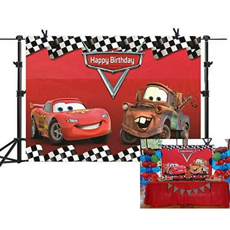 Image of Botong 5x3ft Cars Backdrop Movie Birthday Party Supplies Backdrops Car Racing Story Black White Grid Red Photo Backgrounds for Photography Birthday Party Banner