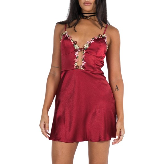 Women Y2k Spaghetti Strap Mini Dress Floral Embroidery Low Cut Short A-Line Dress Party Clubwear