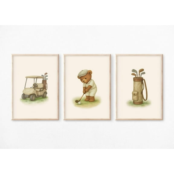 Luvia Golf Nursery Set Of 3 | Vintage Bear Golf Print, Modern Wall Decor Set 3 Prints 8x12 UNFRAMED