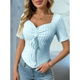 thumbnail image 2 of Women'S Solid Color Casual Short Sleeves Pullover Slim Pleated Short Top Comfort Drawstring Tops Light Blue XL, 2 of 7