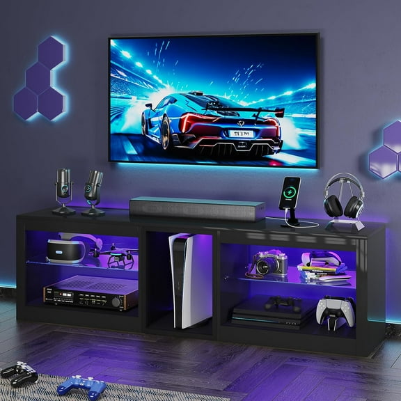 EROMMY 63 inch High Gloss LED TV Stands with Power Outlet for 70 inch TV, Gaming Entertainment Center for PS5, TV Consoles with Adjustable Glass Shelves for Living Room, Bedroom, Black
