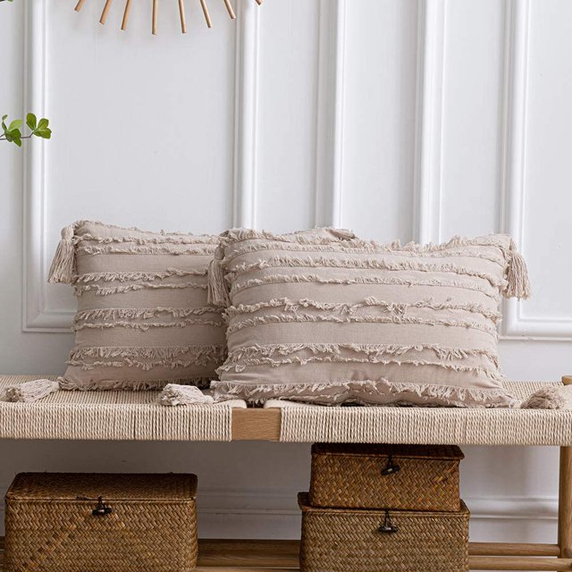 ZECATL Beige Throw Pillow Covers: 2 Pack 12x20 Inch Boho Striped Cotton Linen Rectangular Decorative Pillow Cases with Tassels for Farmhouse Couch Sofa Chair