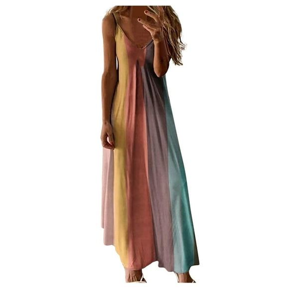 Women's Ladies Plus Size Teenager Casual Dresses Loose Stripe Sleeveless V-Collar Casual Summer Dresses for Older Women Long Dress Maxi Dress