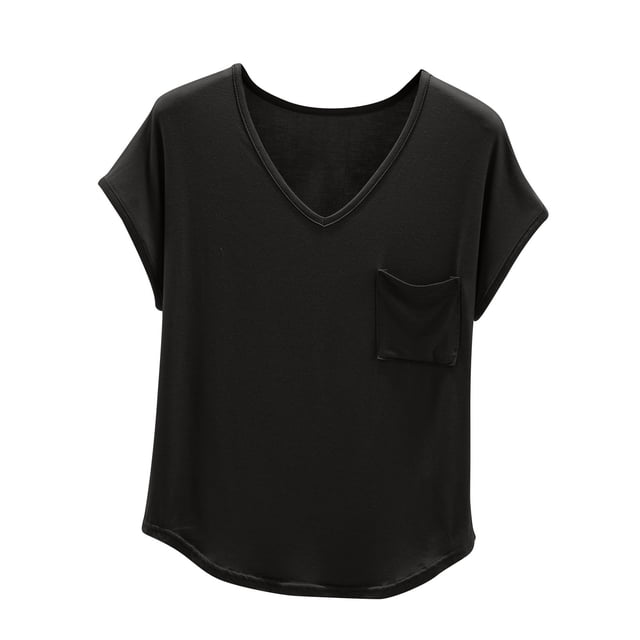 Admvng Trendy Tops For Women 2025 Solid Color V-neck Short Sleeved With Pocket M-2XL