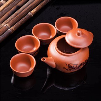 Handmade Ceramic Chinese Kung Fu Tea Set - Clay Teapot & 4 Cups, Traditional Travel Gift Set