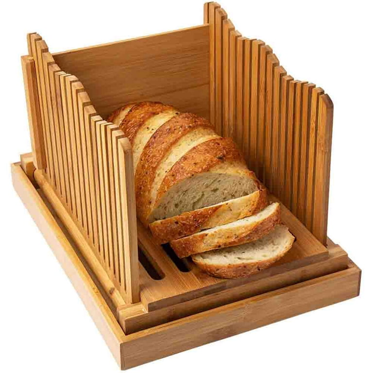 Kitchen Seven Bamboo Bread Slicer with Crumb Tray Bamboo Bread Cutter for Homemade Bread, Loaf Cakes, Bagels Slicer, 3 Slice Sizes, Adjustable, Compac
