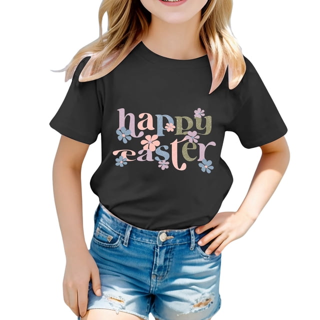 PMVFHDE T-Shirt pour Filles T-Shirts Graphiques Mignons Hauts d'Été pour Filles Enfants Pâques T-Shirt Graphique Mignon Col Rond Manches Courtes T-Shirt Décontracté d'Été Noir, 2-3 Ans