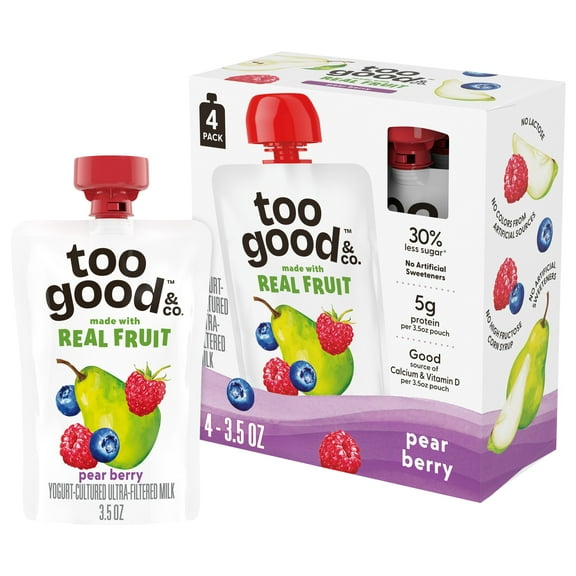 Too Good & Co. Pear Berry Yogurt-Cultured Ultra-Filtered Milk Pouches, Kids Snacks, 3.5 oz, 4 Count​
