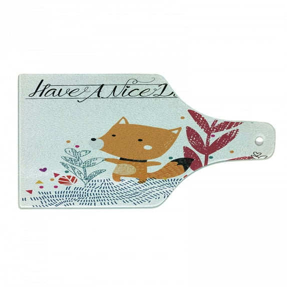 Fox Cutting Board, Little Fox Character Colorful Geometric Spring Field Have a Nice Day Text Dots, Decorative Tempered Glass Cutting and Serving Board, Wine Bottle Shape, Multicolor, by Ambesonne