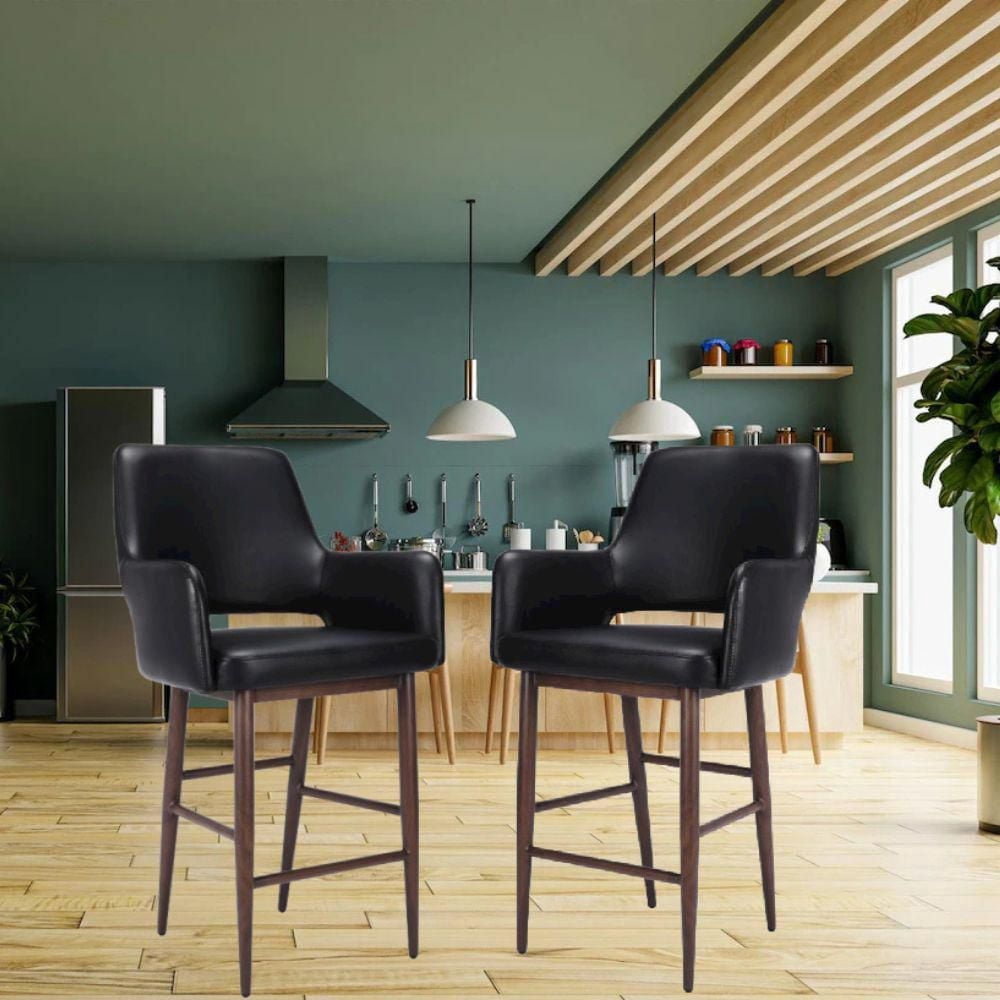 Take Me Home – Mid-Century Black PU Upholstery High-Back Bar Stool with Armrests, Walnut Metal Frame, Footrest – Sturdy & Comfortable Seating for Kitchen, Bar, or Dining – Indoor Use