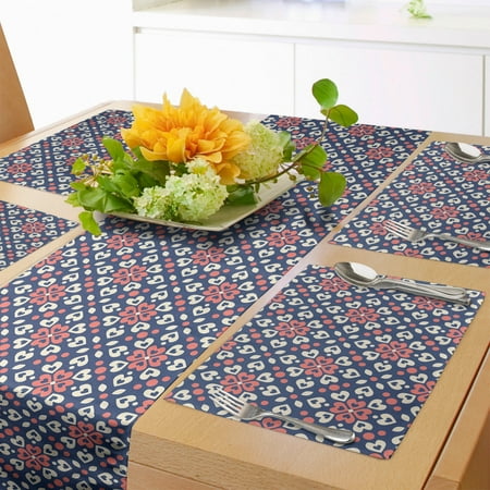 

Abstract Table Runner & Placemats Floral Hearts Forming Old Fashioned Mosaic Tiles Shabby Form Pattern Set for Dining Table Placemat 4 pcs + Runner 12 x72 Night Blue Ivory Coral by Ambesonne