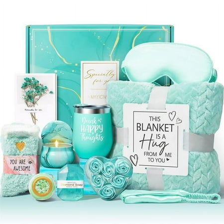 Mother's Day Gifts Birthday Gifts for Women Self Care Gifts Get Well Soon Gifts Ocean Relaxing Spa Gifts Care Package Unique Anniversary Blue Gifts Basket Kit with Flannel