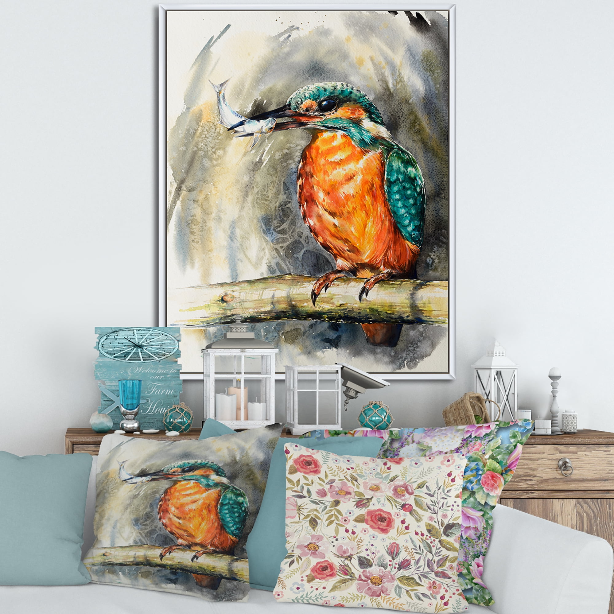 Designart 'Common Kingfisher On Branch Eating A Small Fish' Traditional Framed Canvas Wall Art Print