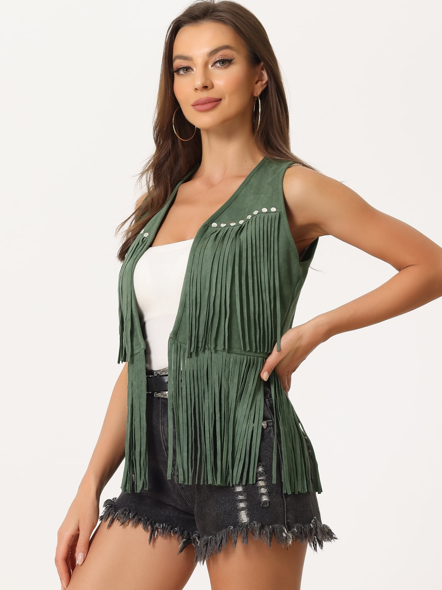 DARING DIVA Women's Fringe Vest Open Front Outfits Faux Suede Tassel Cardigan S Green