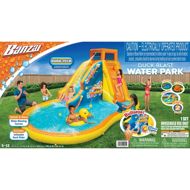Banzai Inflatable Duck Blast Water Park with Water Blast Cannon & Inflatable Duck Rider