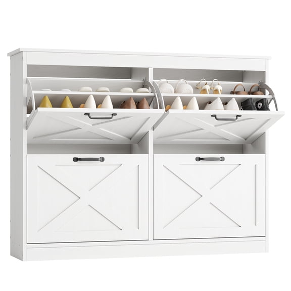 Garvee Narrow Entryway Shoe Storage Cabinet – 4 Turnover Drawers, Adjustable Shelves, Freestanding Hidden Shoe Organizer Rack for Hallway, Bedroom, Living Room – White