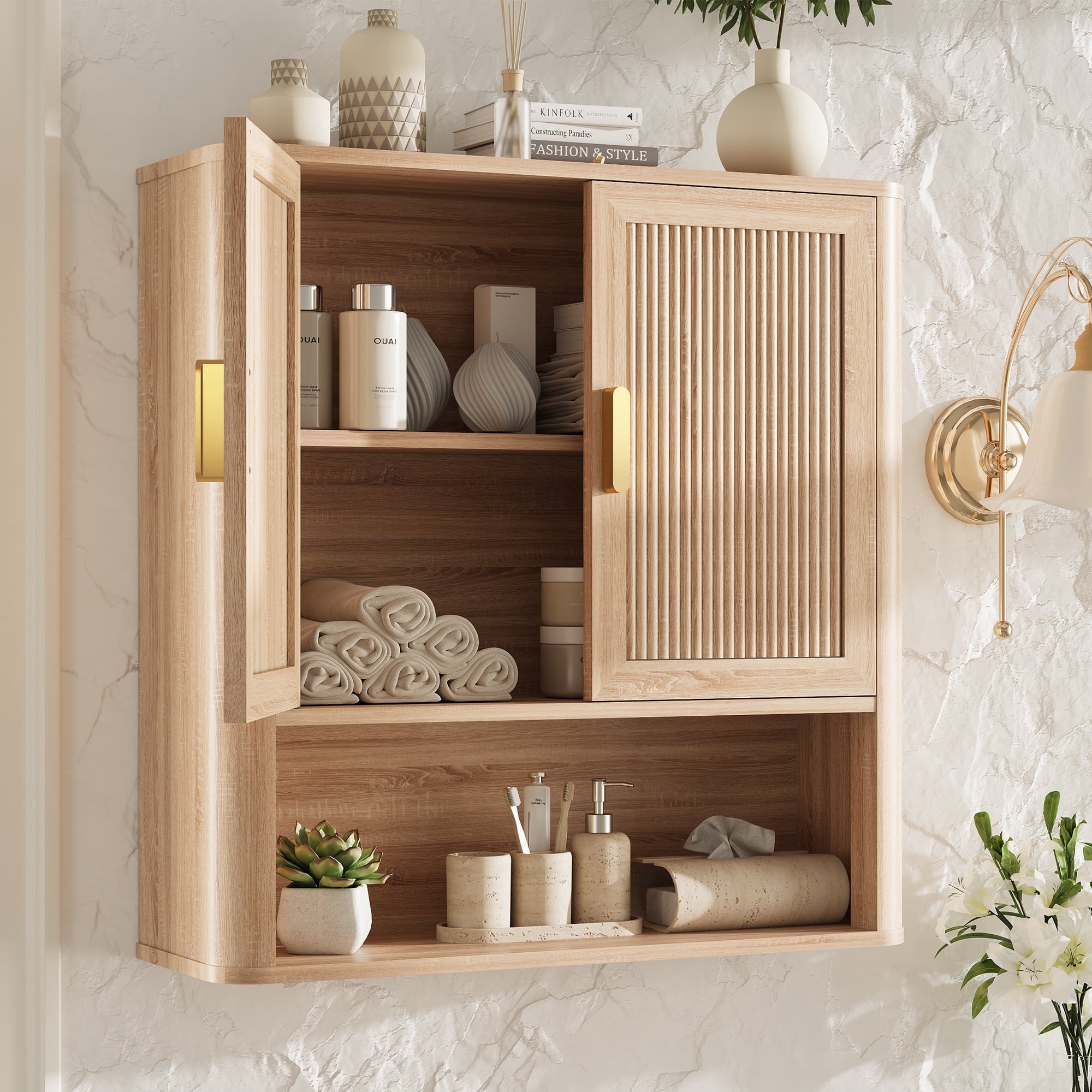 Bathroom Storage Cabinet with Adjustable Shelves, Over The Toilet Organizer for Laundry Room, Kitchen & Living Room, Medicine Cabinet with Wood Doors Natural Wood