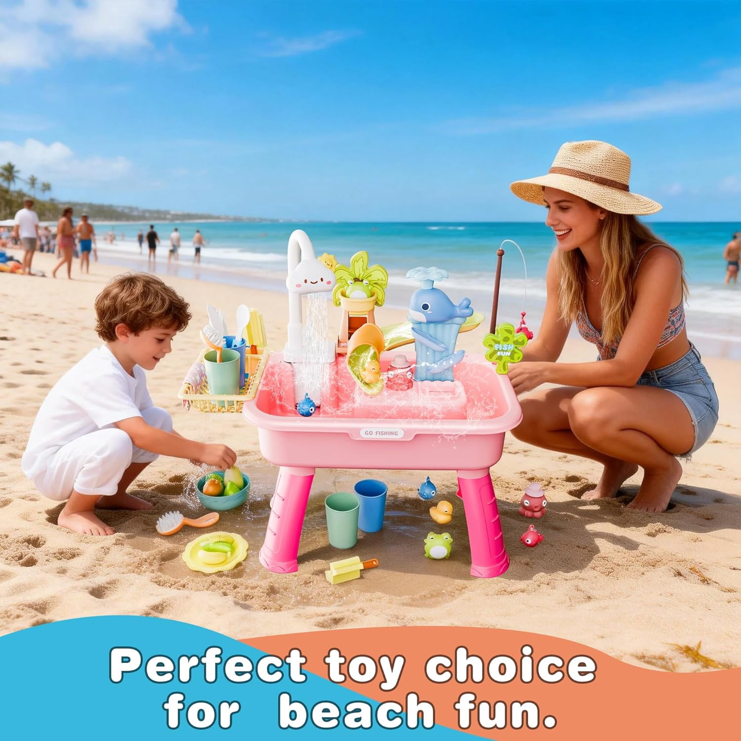 Kids Water Table Play Set with Electric Water Pump, Faucet, Fishing Game and Kitchen Accessories for Ages 3+