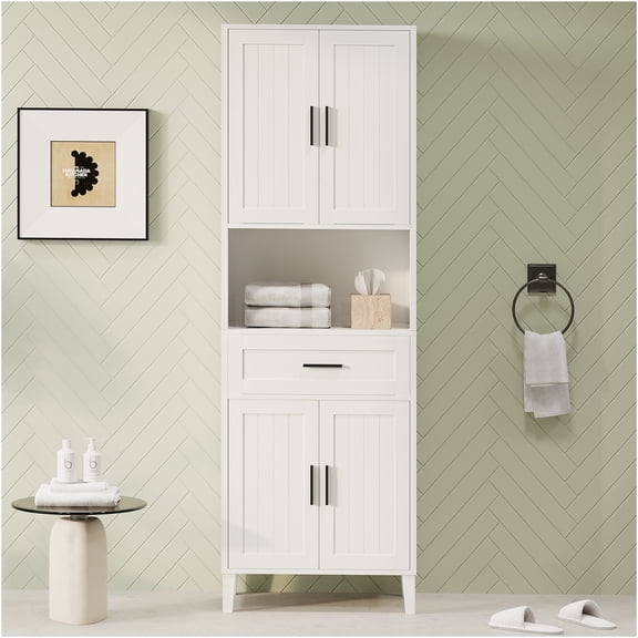 JERFIT White Freestanding Bathroom Storage Cabinet with 4 Soft-Close Doors, 1 Drawer & Adjustable Shelves, Tall Organizing Linen Tower for Bath, Living Room, Laundry