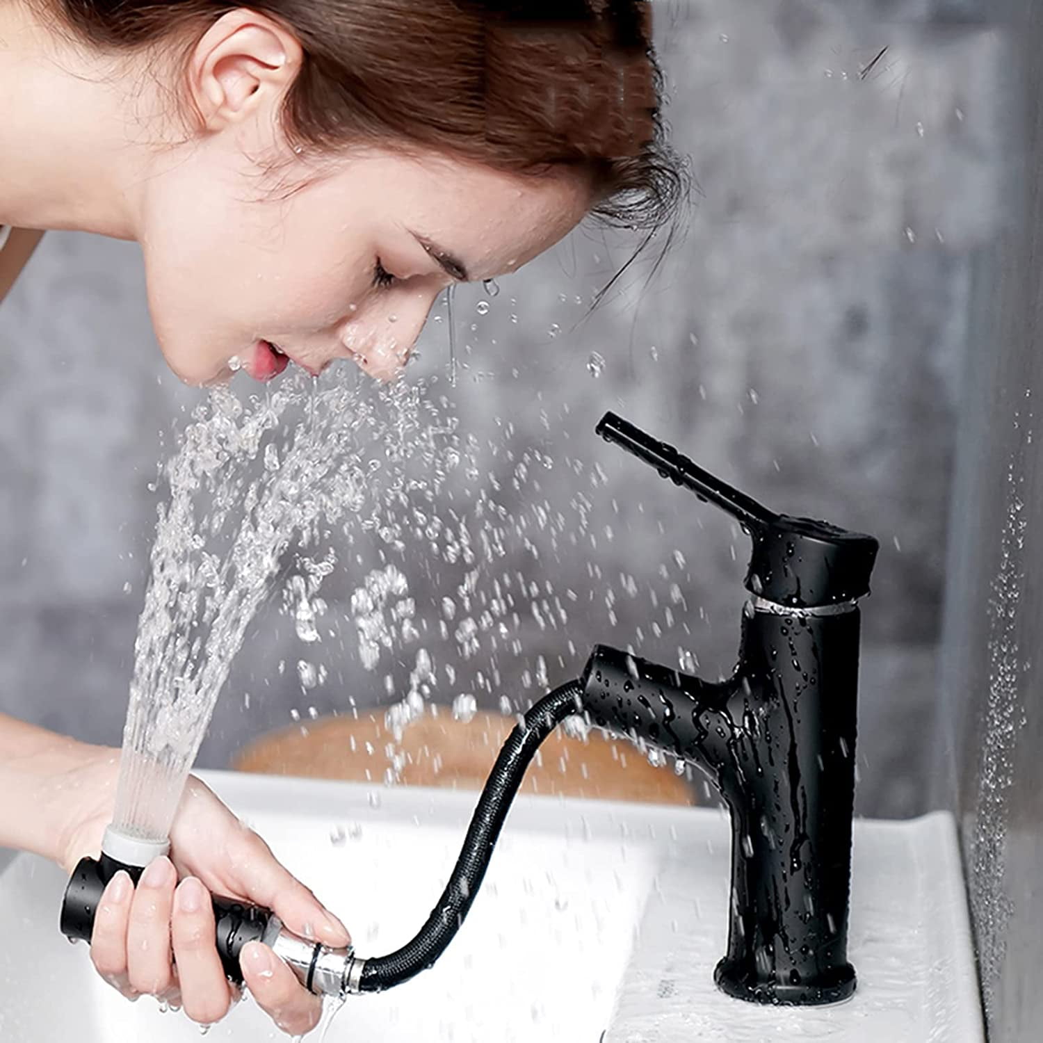 Bathroom Sink Faucet Pull Out Sprayer Dual Mode Mixer Tap for Hot and Cold Water Liftable Single Handle 360° Swivel Single Hole Pull Down Lavatory Faucet Retractable Basin Faucet,Black