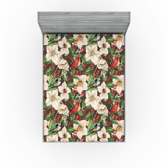 Ambesonne Nature Fitted Sheet, Flowers Berries Birds Print, California King, Dark Coral Reseda Green