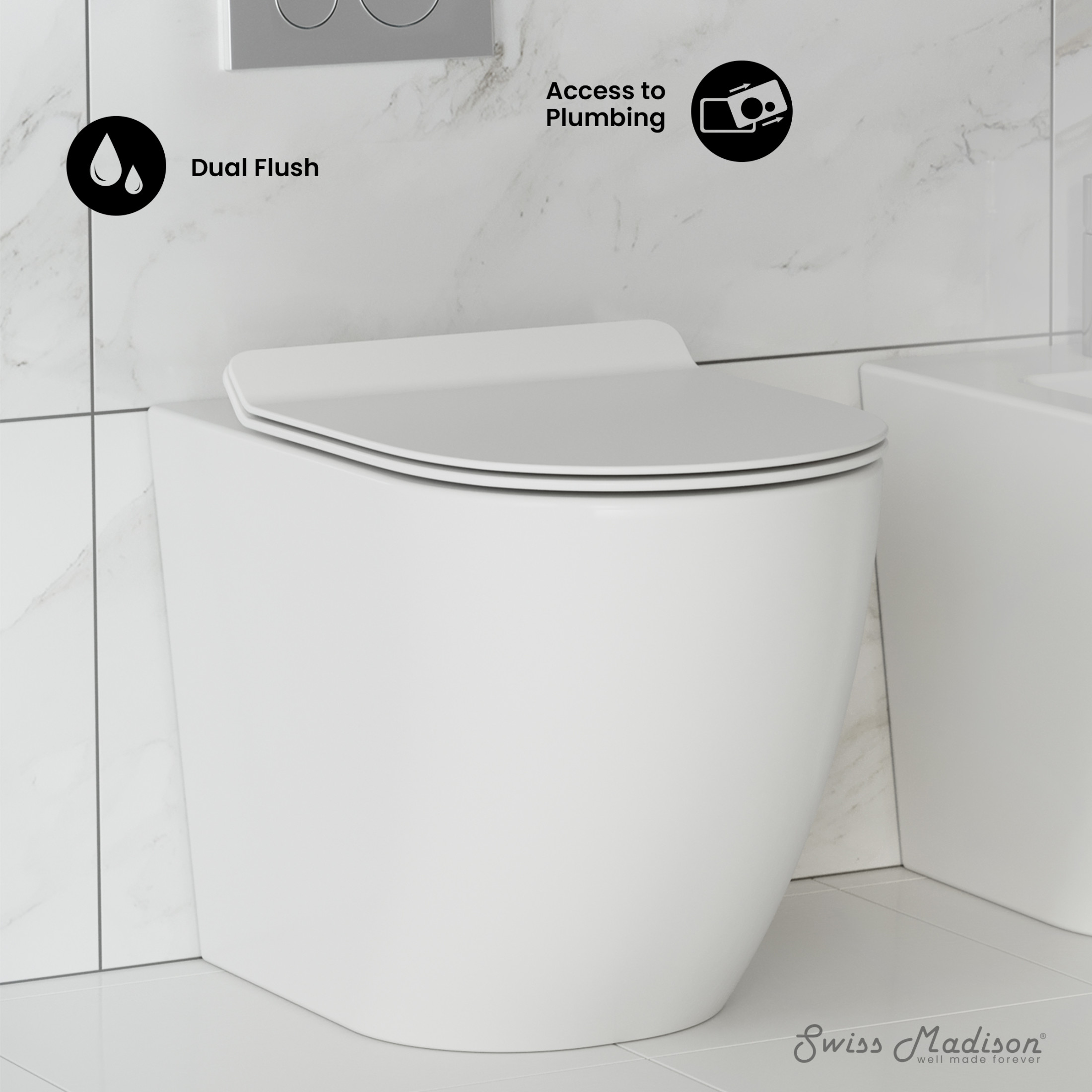 St. Tropez Back to Wall Concealed Tank Toilet Bowl, Black Hardware