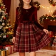 thumbnail image 3 of Posijego Girls Velvet Dresses with Pockets Plaid Patchwork Bow Waist Velour Dress Party Christmas Clothes, 3 of 5