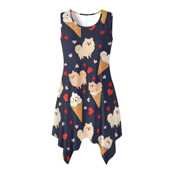 HELLHERO Puppy Ice Cream Pattern Sleeveless Sundress, Side Pockets Asymmetric Hem Midi Dress with Irregular Hem Round Neck for Graduation