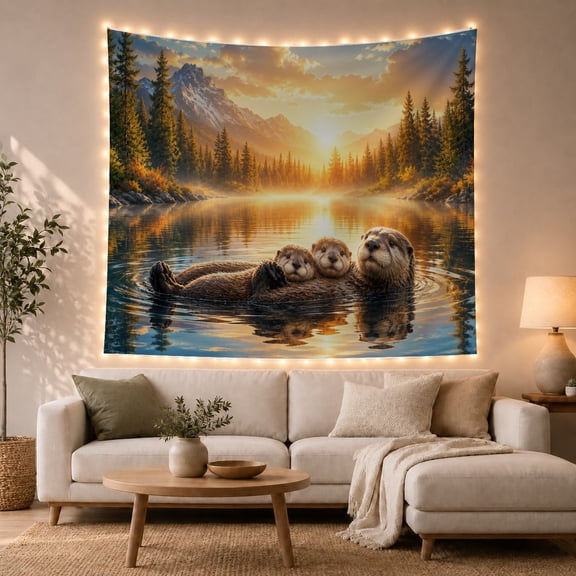 Sea Otter Family by a Mountain Lake in Pine Forest, Serene Watercolor for Wildlife Lovers, Nature Scene Art Decor, Housewarming Gift, Tapestry Wall Hanging for Living Room and Bedroom