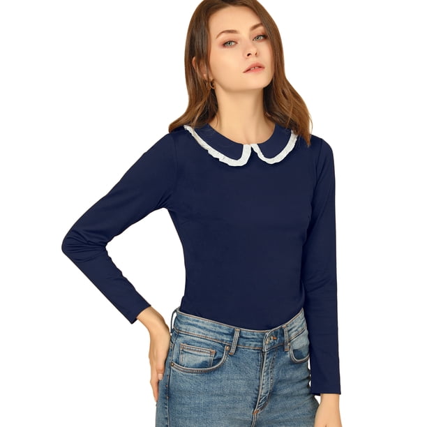 Blusa de manga larga Allegra K trabajo dulce volante contraste cuello Peter Pan mujer Azul marino XS