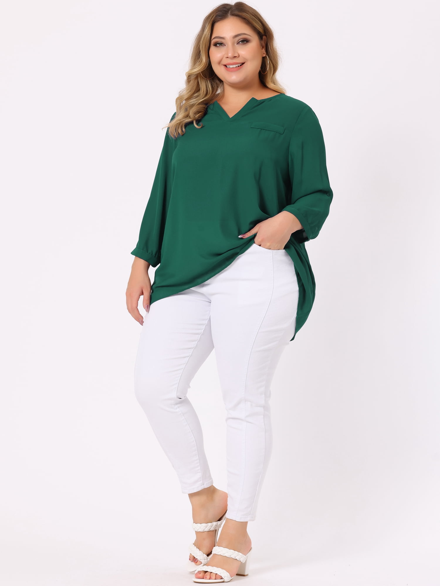 DARING DIVA Women's Plus 3/4 Sleeve Sheer Flowy Split V Neck Blouse 4X Green