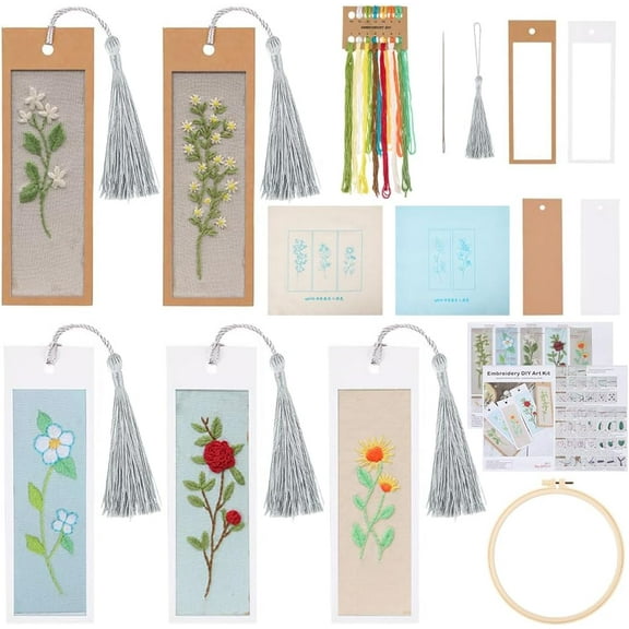 DIY 5 Sets Embroidery Bookmark Set Bookmark Making Kit Instruction Included Cross Stitch Bookmark Floral Plant Flower Counted Cross Stitch Kits for Beginners Adults School Office Gifts Craft Colorful