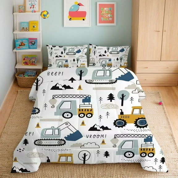 Car Comforter Set Construction Bedding Set for Boys Kids Trucks Comforter Cartoon Car Excavator Tractor White Yellow 3Pcs Twin