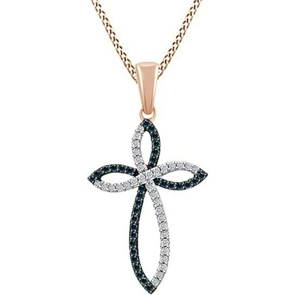 925 Sterling Silver 14K Rose Gold Plated Round Cut Black & White Diamond Cross Pendant Necklace For women