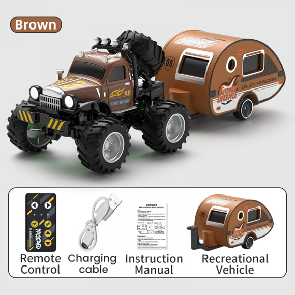 RC Truck Toys with Trailer for Kids, 1/64 Scale Mini Remote Control Car with Lights, Alloy Shell RC Cars for Christmas Birthday Gifts(Brown)
