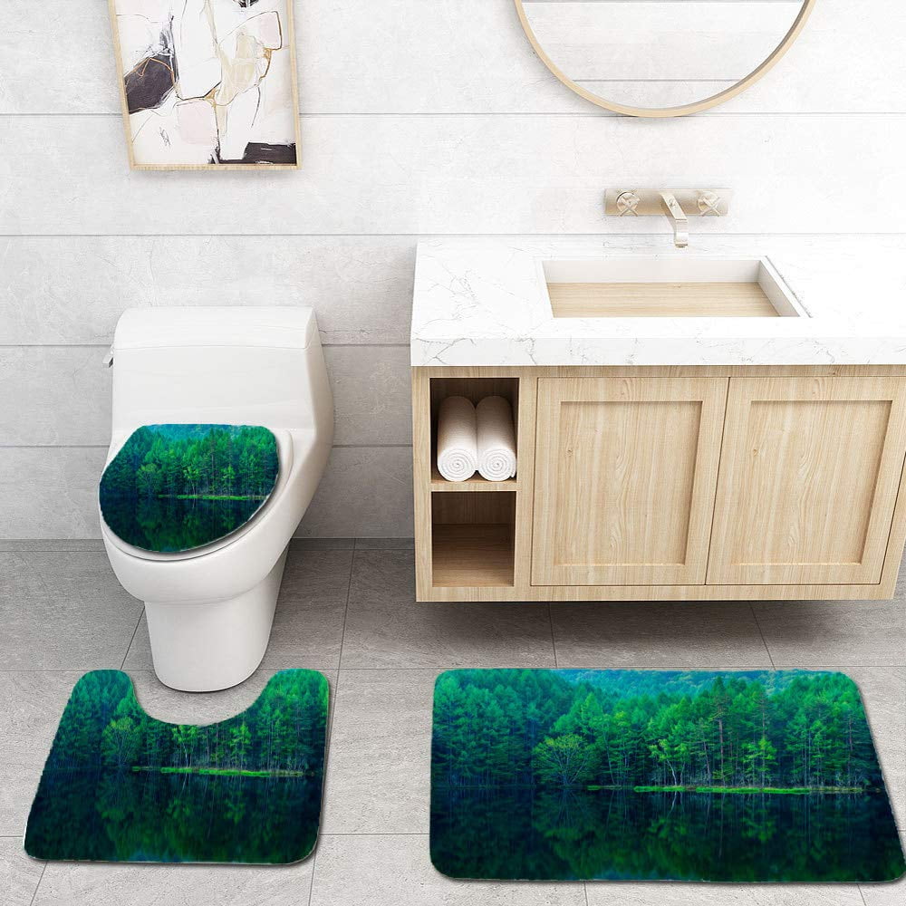 CHAPLLE Green Forest Reflected in Calm Lake 3 Piece Bathroom Rugs Set