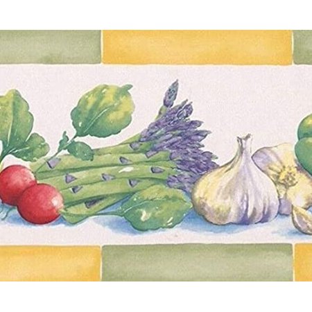 Concord Wallcoverings Wallpaper Border Vegetables Pattern Peppers Tomato Eggplants Garlic Radish Pea for Kitchen or Farmhouse, Green Yellow Purple Red, 7 Inches by 15 Feet CO77194