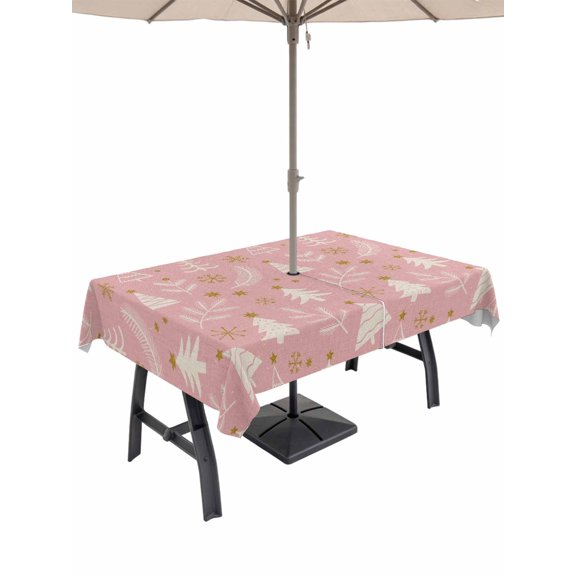 Outdoor Tablecloth with Umbrella Hole and Zipper, Christmas Tree Rectangle Table Cloth 54x80 Inch Waterproof Tablecloth, Winter Xmas Pine Leaf Snowflake Pink Picnic Table Cover for Patio Camping