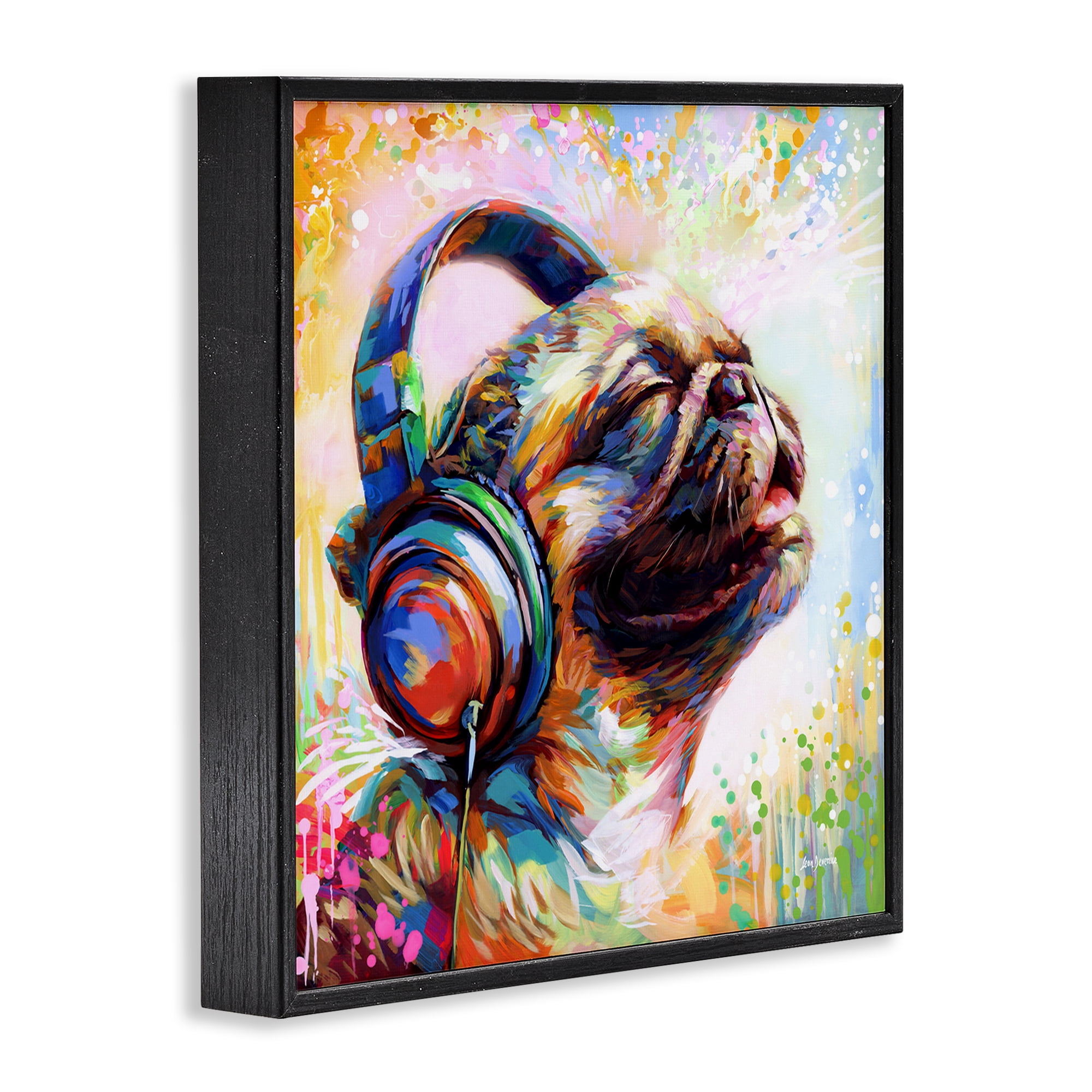 Stupell Industries Blissful Music Pug Animals & Insects Painting Black Framed Art Print Wall Art, 24 x 24